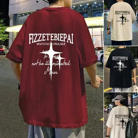 短袖T恤男宽松潮牌重磅纯棉圆领半袖夏季2024新款美式字母体恤衫商品大图