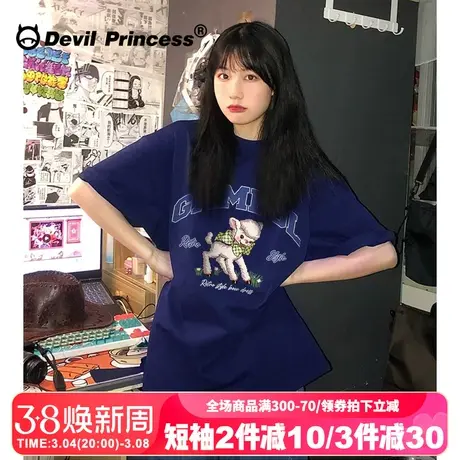 小众ins风显白藏蓝色短袖t恤女宽松超火美式校园风卡通潮牌上衣夏图片