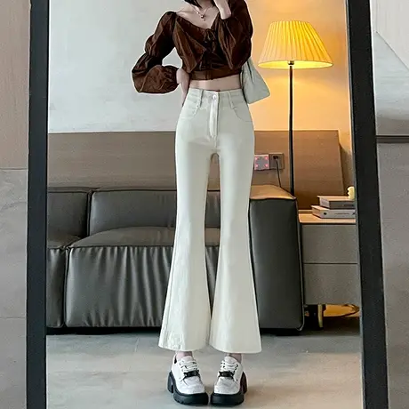 米白色牛仔微喇裤女2023年春秋新款高腰修身垂感显瘦小个子喇叭裤商品大图