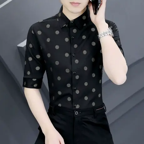 夏季2023新款中袖衬衫男士韩版痞帅气五分半短袖个性烫钻圆点衬衣图片