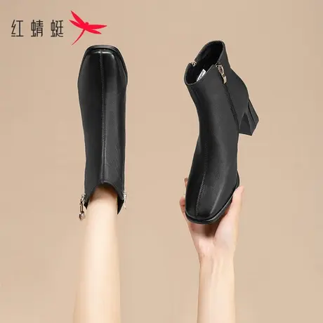红蜻蜓高跟短靴女2023秋冬新款软羊皮女靴加绒靴子方头粗跟瘦瘦靴商品大图