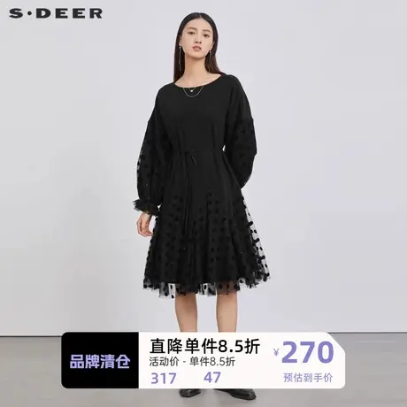 sdeer圣迪奥女装圆领收腰波点网纱长袖连衣裙S223Z12CV图片