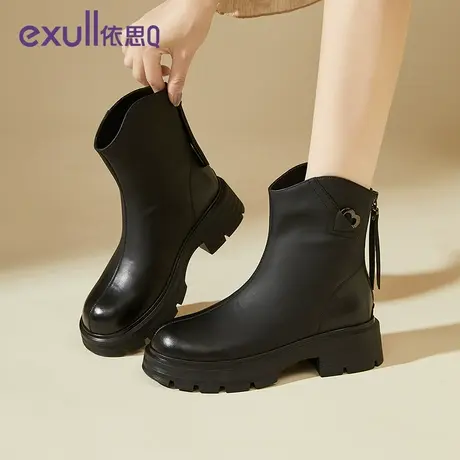 依思Q真皮短靴子女2023年新款冬季粗跟马丁靴高跟后拉链瘦瘦靴女图片