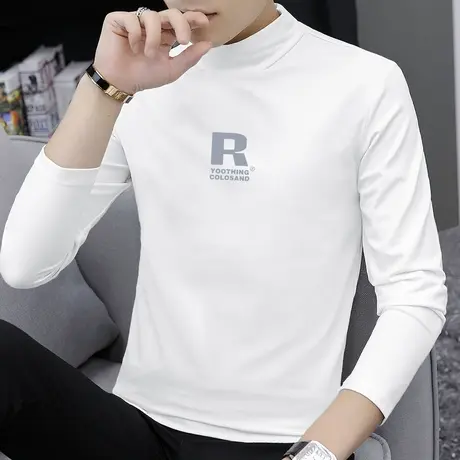莫代尔长袖t恤男装白色秋季潮流小衫半高领内搭打底衫中领秋衣服商品大图