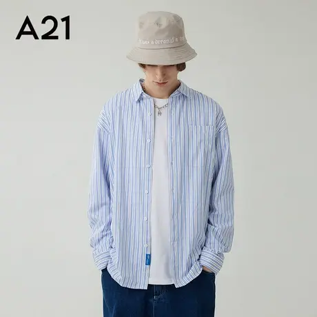 A21男装宽松情侣长袖衬衫2023秋季新款潮牌条纹衬衣男士休闲上衣商品大图