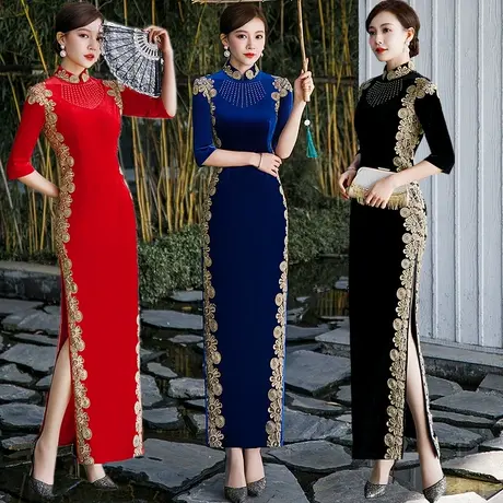 2023秋冬新款丝绒走秀旗袍团体演出服气质优雅长款复古老上海旗袍图片
