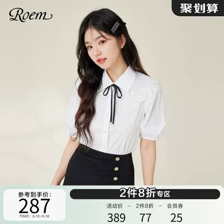 ROEM商场同款学院风灯笼袖衬衫2023春夏新款短袖娃娃领泡泡袖上衣商品大图