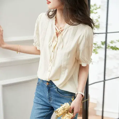 时尚气质短袖衬衫2023年夏季新款淑女温柔宽松显瘦花边领百搭上衣商品大图