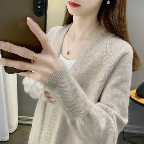 秋季2023新款女装纯色V领外穿中长款针织开衫毛衣女宽松外套洋气商品大图