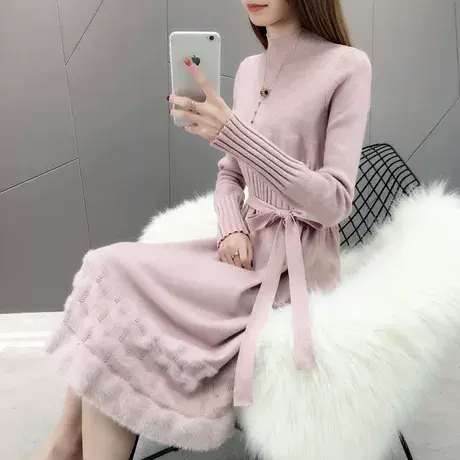 长款毛衣裙过膝2023秋冬季新款半高领长袖宽松针织衫女套头打底裙图片