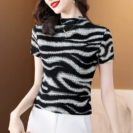 斑马纹印花网纱短袖T恤女士夏装新款气质立领上衣时尚别致小衫潮图片