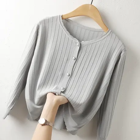 针织衫女薄款开衫冰丝七分袖春夏新款外穿短款花边圆领宽松空调衫商品大图