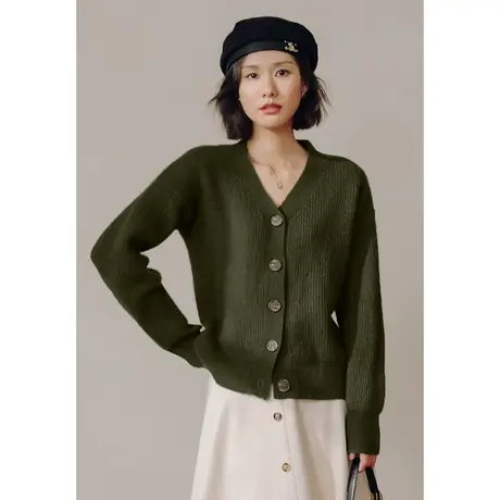 弥古慵懒风复古绿色v领针织衫上衣女春秋法式毛衣开衫外套高级感图片