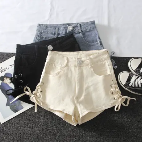 佳妲己侧边绑带高腰牛仔短裤女2022韩版夏新款显瘦包臀阔腿弹力裤图片