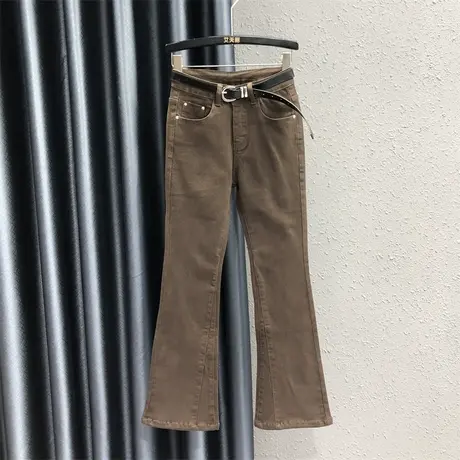 咖啡色时尚设计感牛仔微喇裤女2023秋季新款高腰显瘦百搭喇叭长裤图片