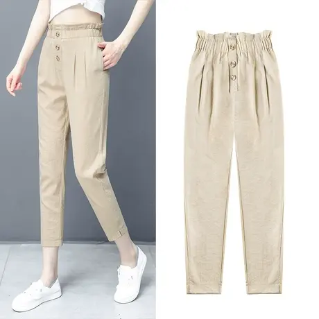 棉麻春秋哈伦裤九分夏季2023新款小个子小脚女士高腰休闲花苞裤子图片