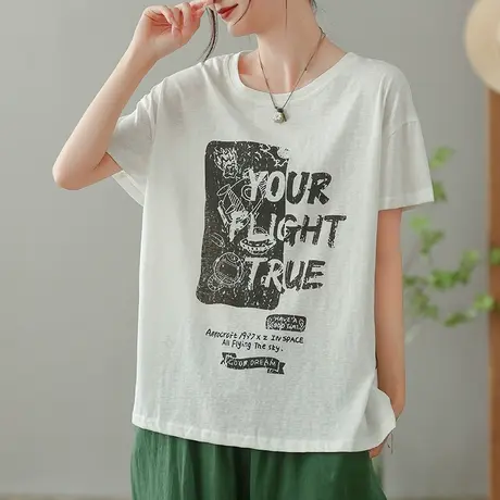 dza字母纯棉短袖T恤女2023夏薄白色打底体恤休闲宽松圆领套头上衣商品大图