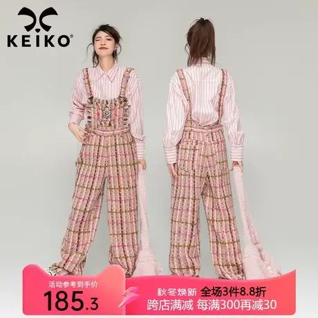 KEIKO 薄花呢格子背带裤女2023秋季美工复古宽松显瘦高腰休闲裤子商品大图