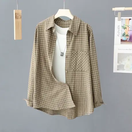 港味复古格子衬衫女春秋新款时尚洋气设计感小众宽松上衣衬衣开衫图片