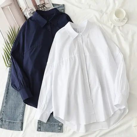 韩版宽松百搭休闲纯棉白色衬衫女长袖上衣2022年春秋外套衬衣叠穿商品大图