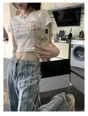 夏季t恤女短袖纯欲风短款上衣纯棉修身辣妹露脐卡通印花打底圆领商品大图