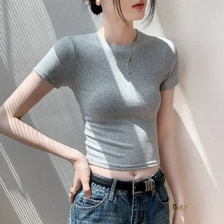 韩版圆领短款短袖T恤女2023夏新款紧身收腰显瘦纯色高腰露脐上衣商品大图