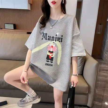 华夫格提花短袖t恤女夏季韩版宽松大码女装中长款半袖百搭上衣服商品大图