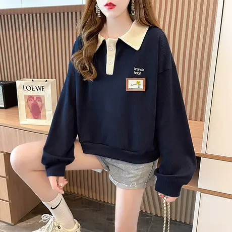 翻领polo衫华夫格卫衣女春秋季韩版宽松薄款小个子短款上衣外套潮图片