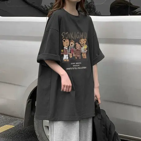 纯棉设计感oversize短袖t恤女夏季宽松美式复古港味chic半袖上衣商品大图