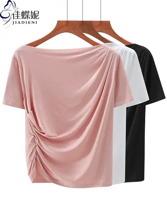 夏季新款韩版一字领褶皱修身纯白纯色短袖体恤上衣内搭女T恤图片