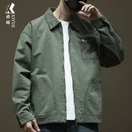 日系纯棉灰绿色翻领夹克外套男秋季宽松大码重磅拉链口袋开衫上衣商品大图