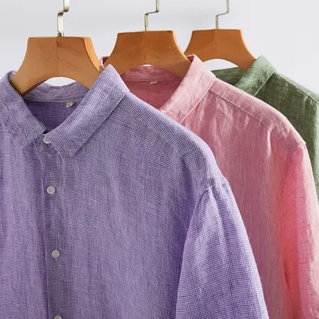 亚麻短袖衬衫男宽松红色格子青年男士夏季薄款休闲棉麻衬衣半袖潮商品大图