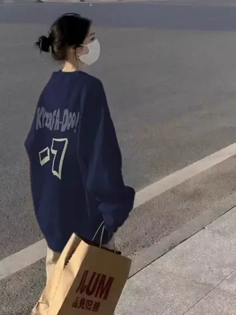 圆领卫衣女装加绒加厚春秋款胖mm大码美式复古港味chic上衣200斤商品大图
