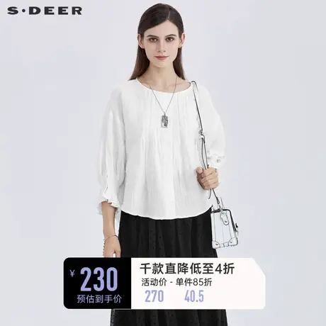 sdeer圣迪奥夏装圆领抽褶花边拼接上衣女长袖白色衬衫S21260501商品大图