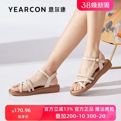 意尔康女鞋2025年新款夏季一字带平底中跟凉鞋女舒适软底百搭清仓图片