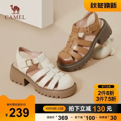 骆驼女鞋2023新款夏季猪笼鞋经典厚底粗跟包头凉鞋女真皮罗马凉鞋商品大图