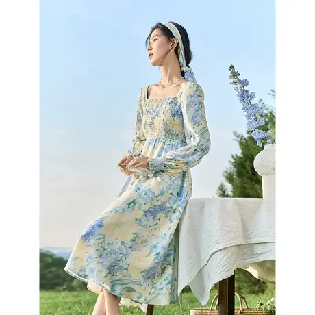 茵曼法式连衣裙2023秋女装新款油画晕染牡丹花印花橡筋收腰中长裙商品大图