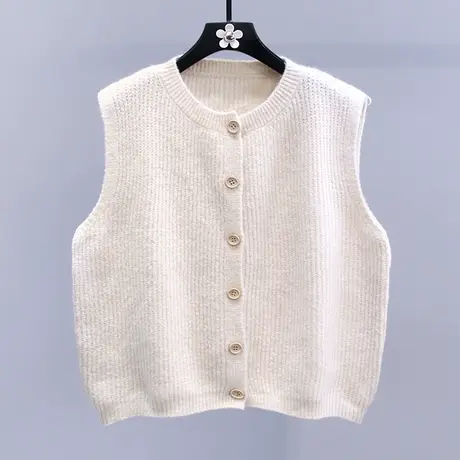 圆领单排扣针织马甲开衫女秋冬2023新款宽松外穿坎肩毛衣背心上衣图片