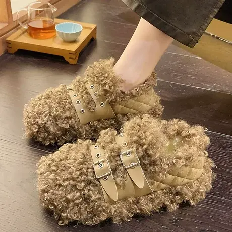 羊羔毛棉鞋女2023年新款冬季时尚厚底一脚蹬豆豆鞋加绒保暖毛毛鞋图片