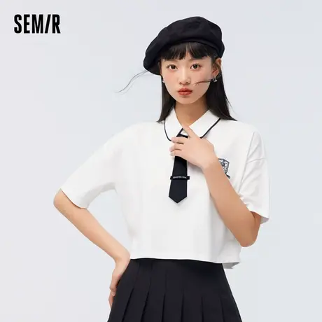 森马POLO衫女短款撞色刺绣学院风俏皮夏季气质宽松质感上衣显腿长商品大图