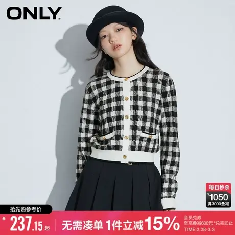 ONLYchic千金小香风短款时髦格子圆领毛针织开衫女商品大图