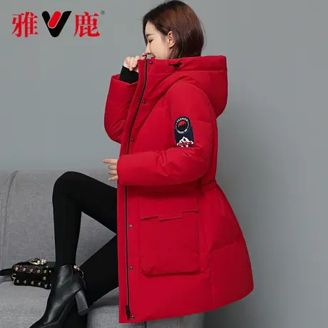 雅鹿连帽羽绒服女中长款2022冬季新款休闲时尚宽松工装保暖外套潮商品大图