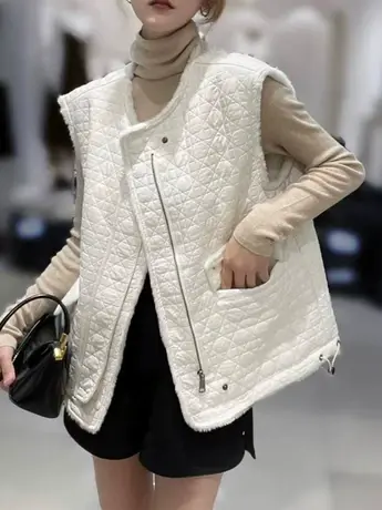 韩版圆领菱形格压花加绒马甲女2023秋季新款休闲时尚宽松马夹外套商品大图