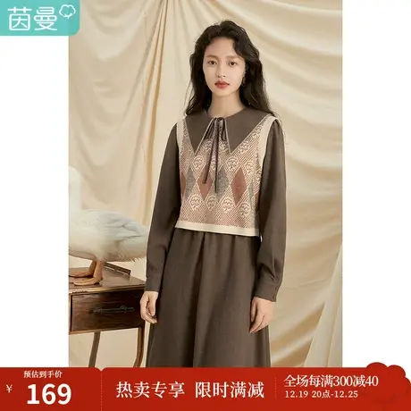 茵曼设计感小众长袖连衣裙女秋冬季新款蝴蝶结名媛高级感裙子图片
