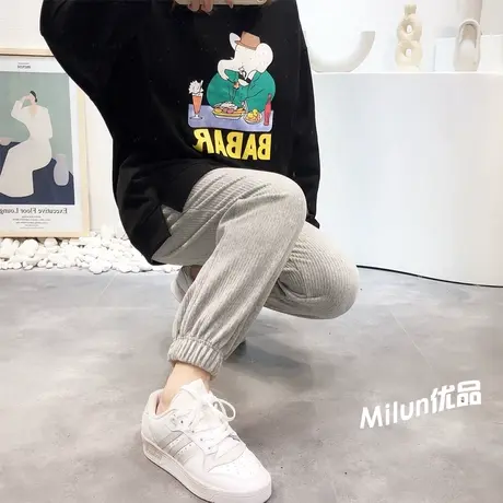 韩国东大门运动休闲卫裤2021春秋薄款纯色灯芯绒直筒裤子宽松显瘦商品大图