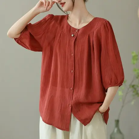 dza 复古纯色苎麻衬衫女2023夏薄款防晒衬衣休闲宽松棉麻开衫上衣商品大图