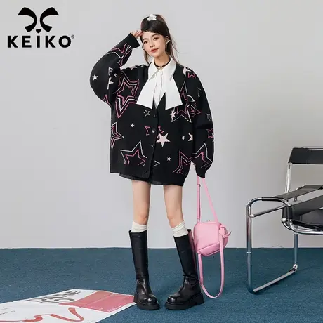 KEIKO 甜酷风星星提花针织开衫加厚2023秋冬韩系慵懒软糯毛衣外套商品大图