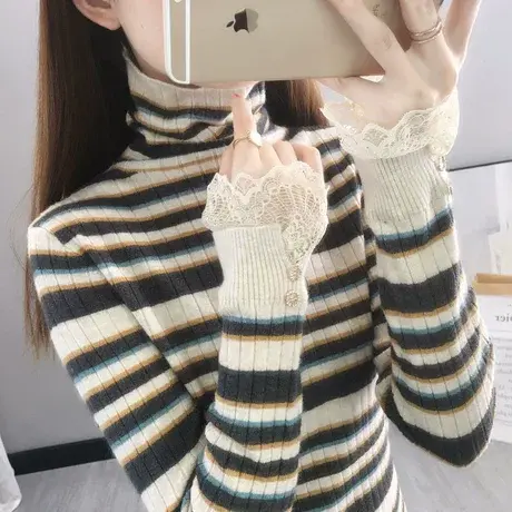 高领打底衫女秋冬2022新款堆堆领毛衣女加厚条纹蕾丝针织衫洋气潮商品大图