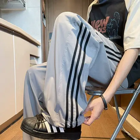 裤子男夏季2025新款宽松直筒运动裤美式冰丝休闲裤潮牌条纹长裤子商品大图