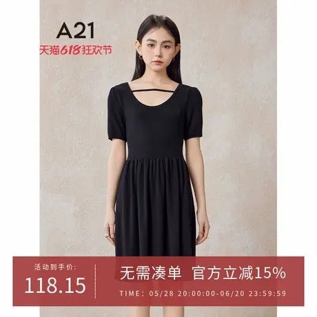 A21女装圆领短袖包臀毛织连衣裙夏季黑色一字肩时尚修身中长裙组图片